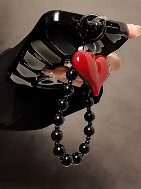 Red Heart Keyring Wristlet with Black Beaded Loop Phone Holder